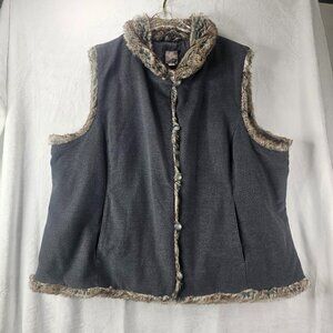 J. Jill Women Charcoal Gray Vest Faux Fur Trim Western Viking Cabin Size 3X Boho